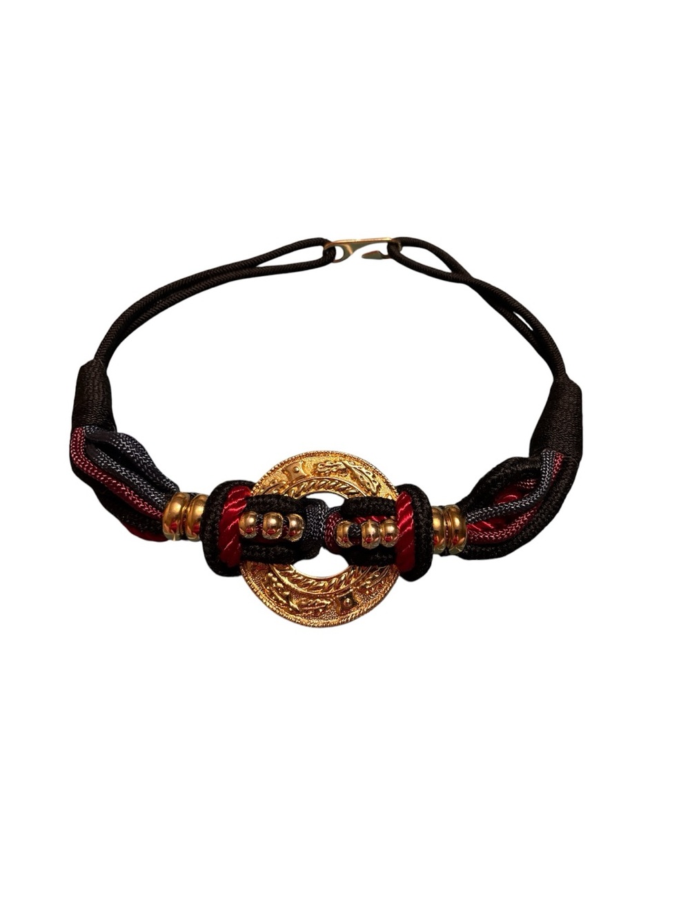 Vintage 1980s Braided Cord Statement BELT Gold Tone Medallion Red Black Rope